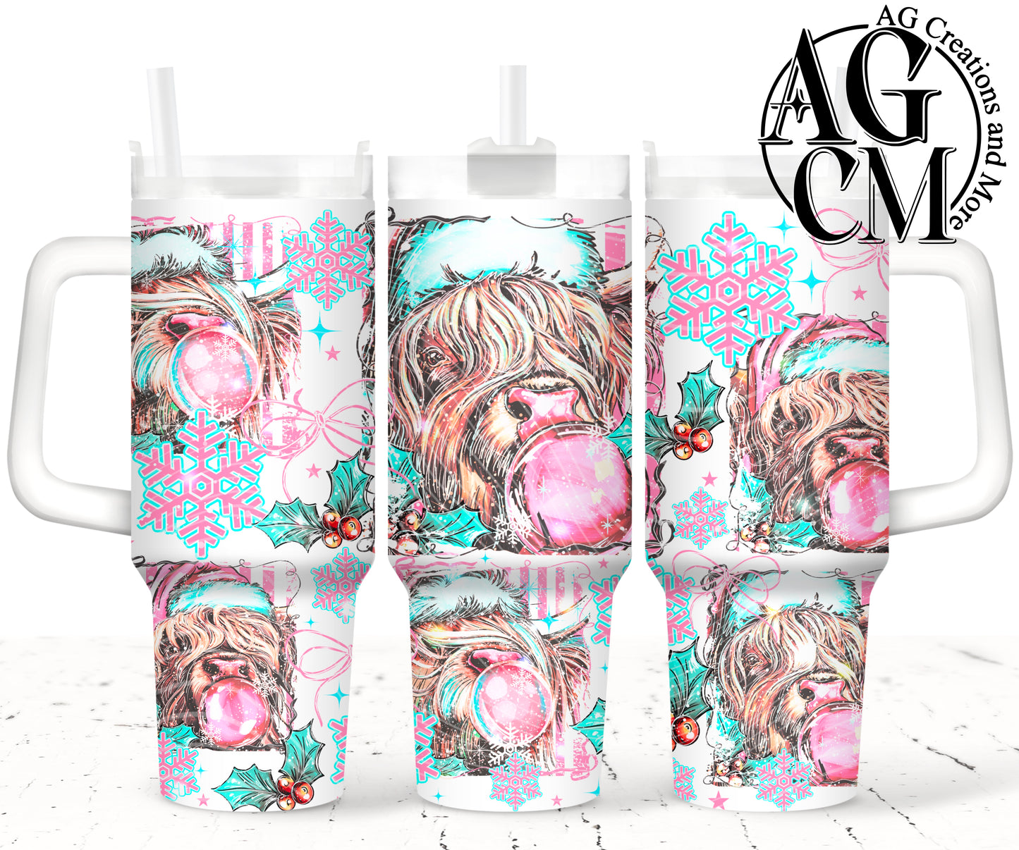 Pink Highland Cow Christmas 40oz Tumbler Digital Png
