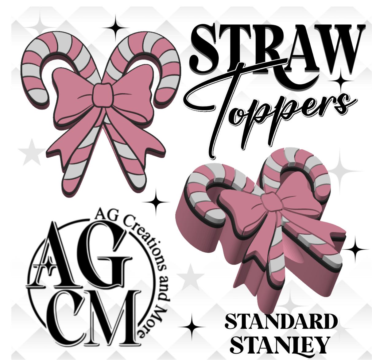 Pink Candy Cane 3D Straw Toppers