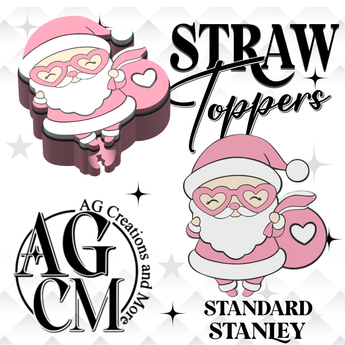 Pink Santa Heart 3D Straw Toppers