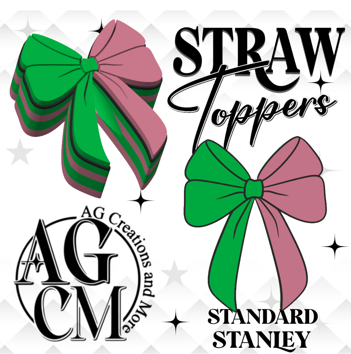 Pink and Green bow W 3D Straw Toppers