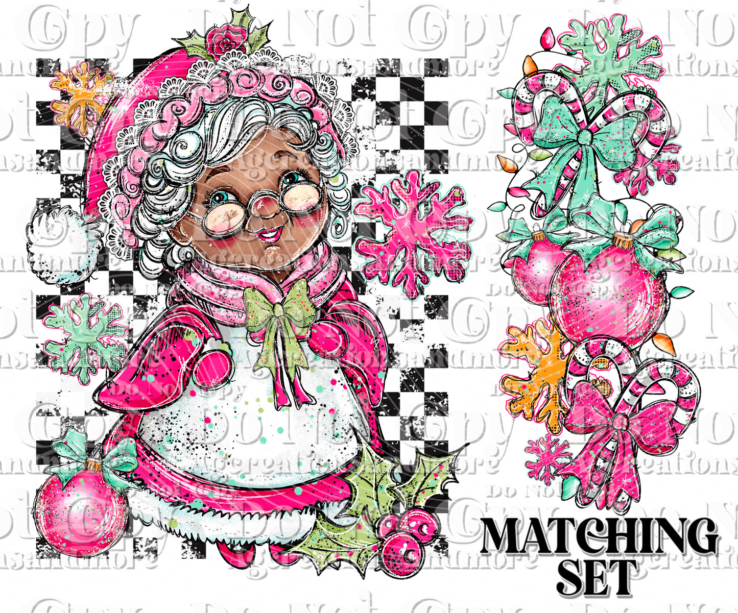 Doodle Mrs Claus Set dark skin Digital Download PNG