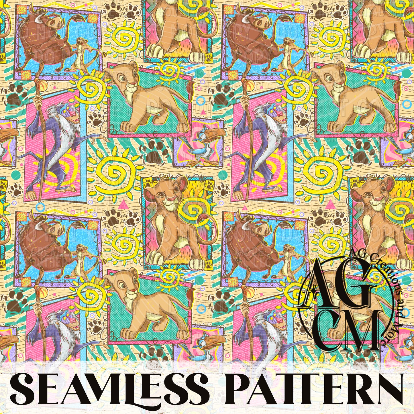 90s Lion cub Seamless Pattern PNG
