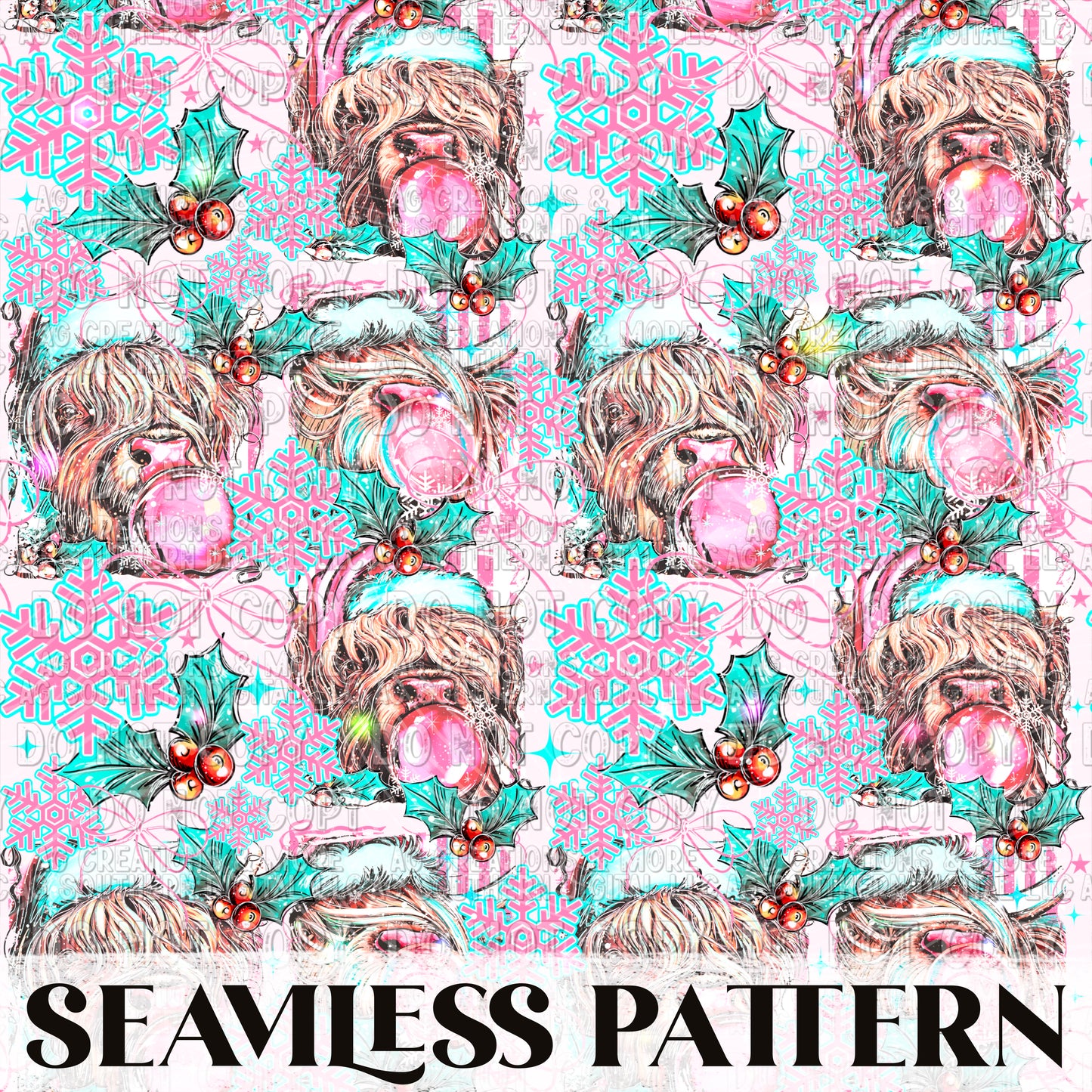 Highland Cow Seamless Pattern PNG