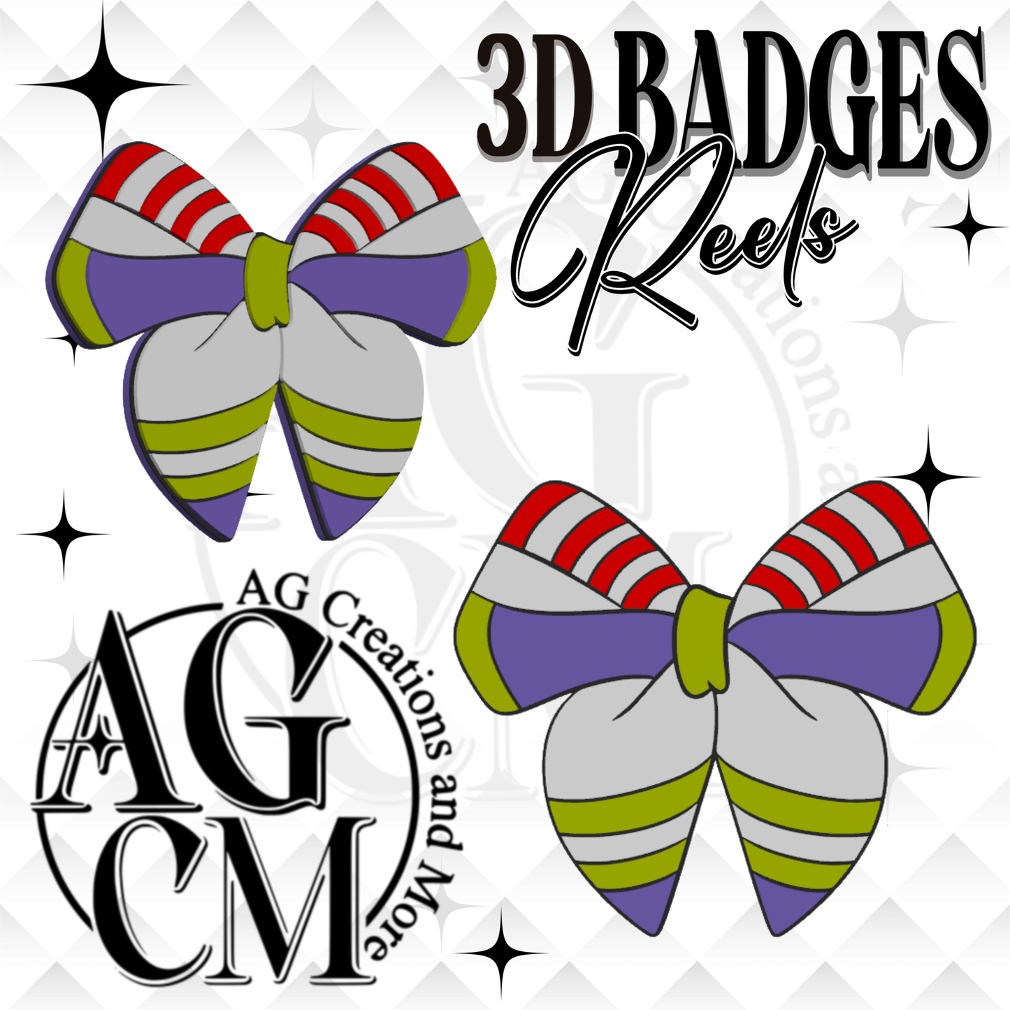 Purple, green stripe Bow 3D Badges/ Reels (wholesale)