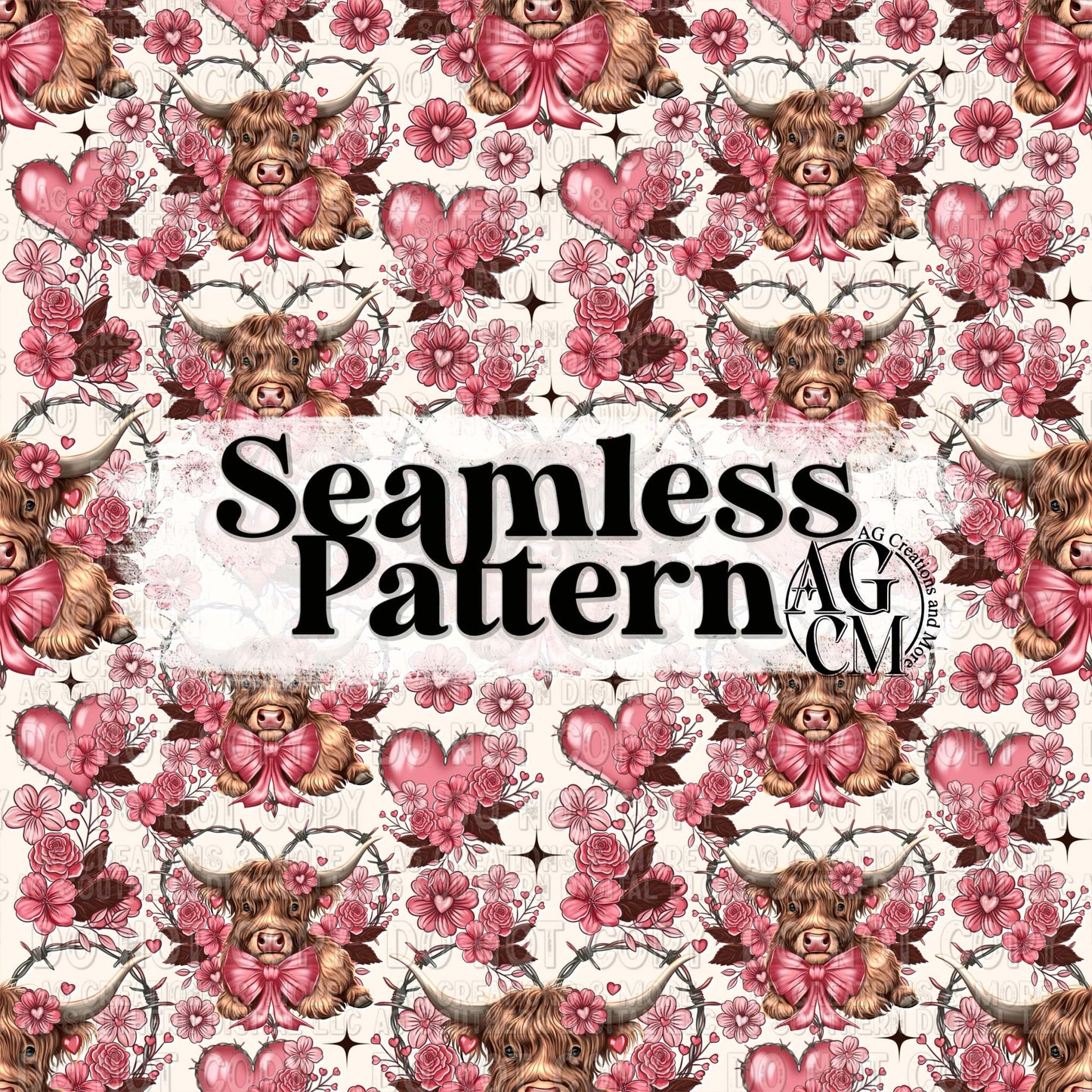 Highland Cow Seamless Pattern PNG