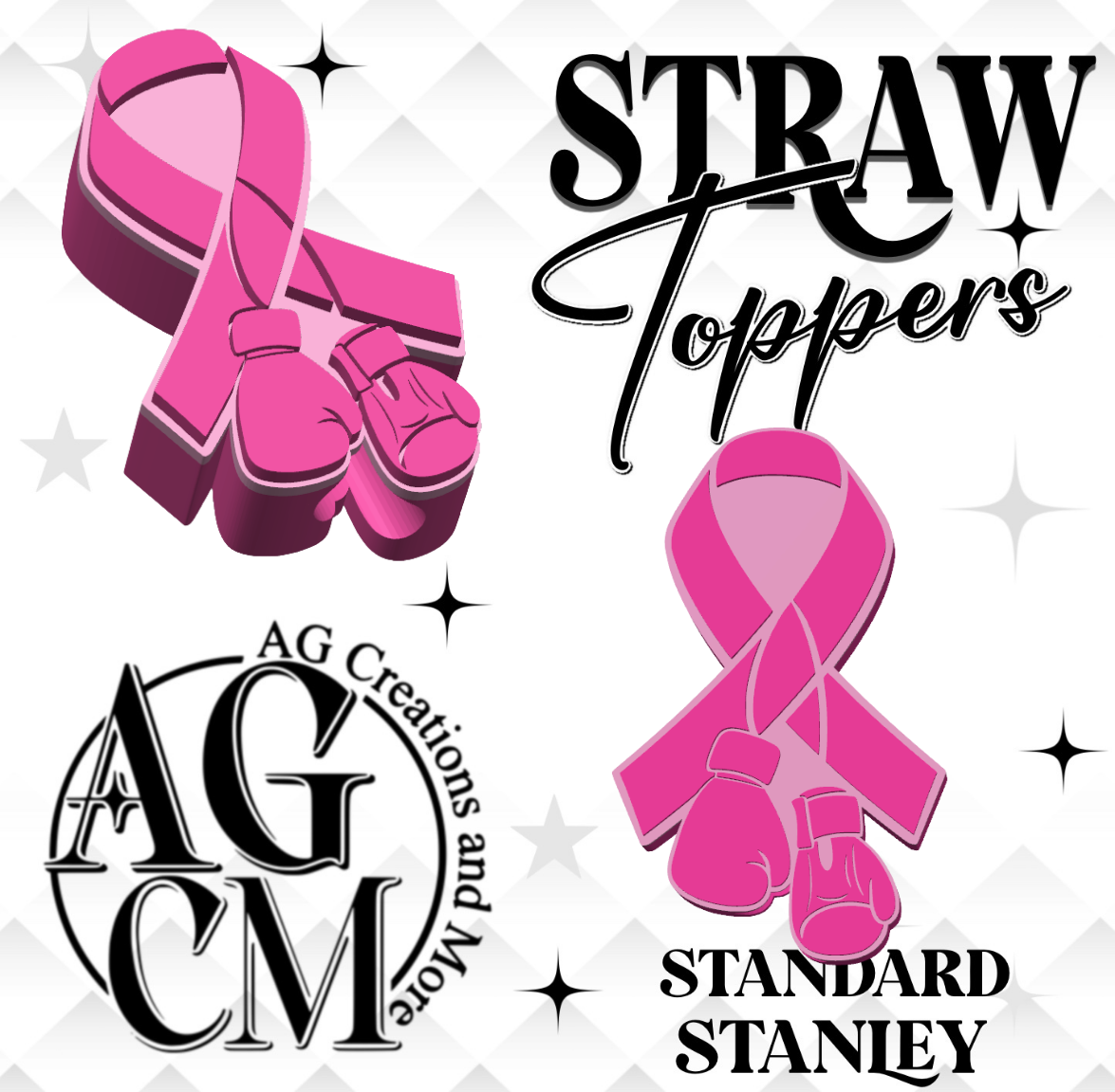 Glitter pink Breast Cancer 3D Straw Toppers
