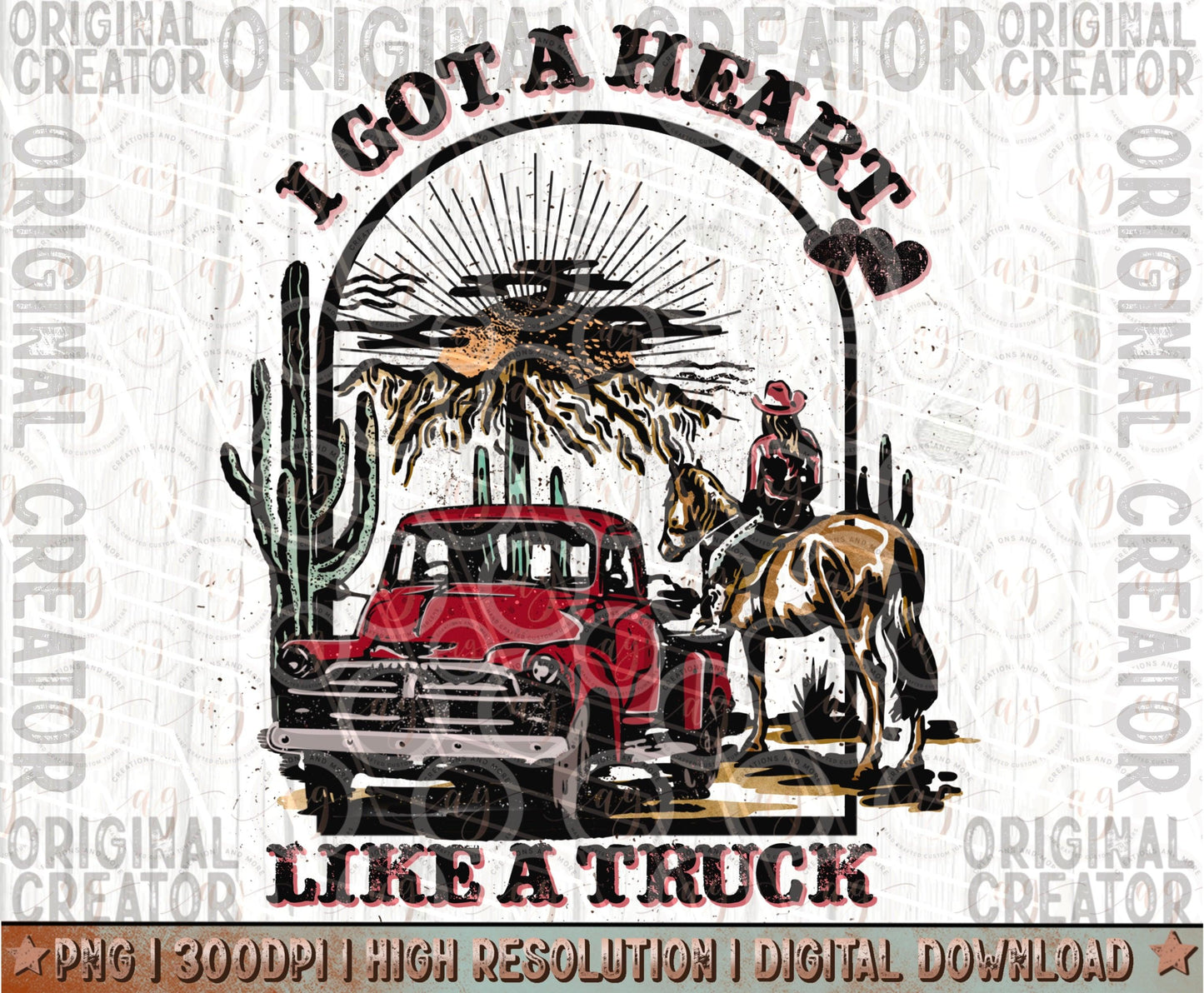 Red Heart Like A Truck Western Sunset Cowgirl png