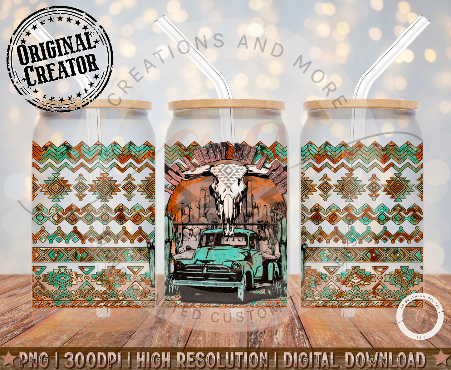 16oz Glass Mug Wrap Png, Heart Like a Truck