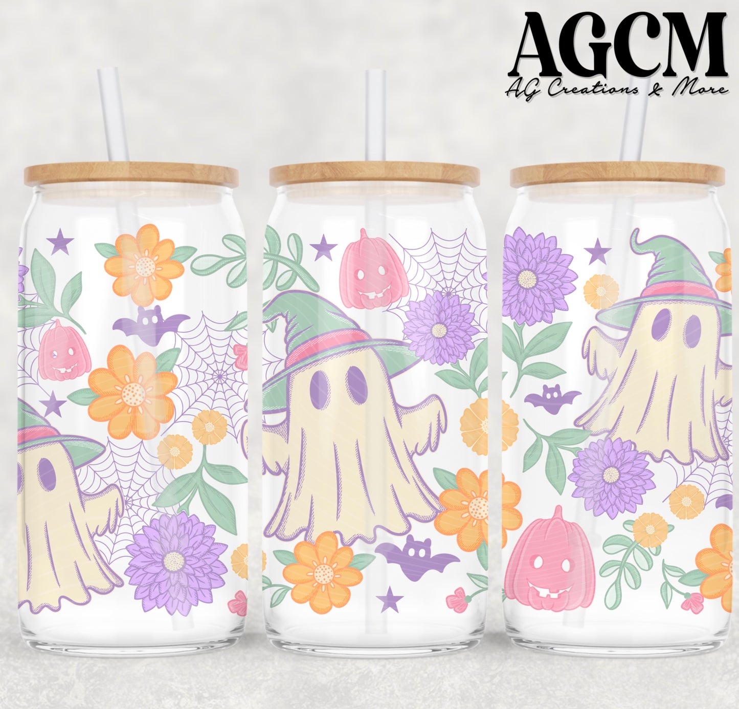 16oz Floral Ghost libby wrap png