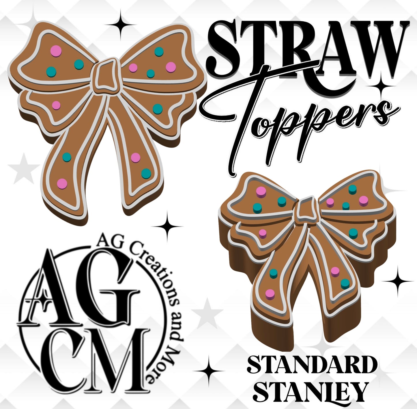 Gingerbread bow Pink 3D Straw Toppers