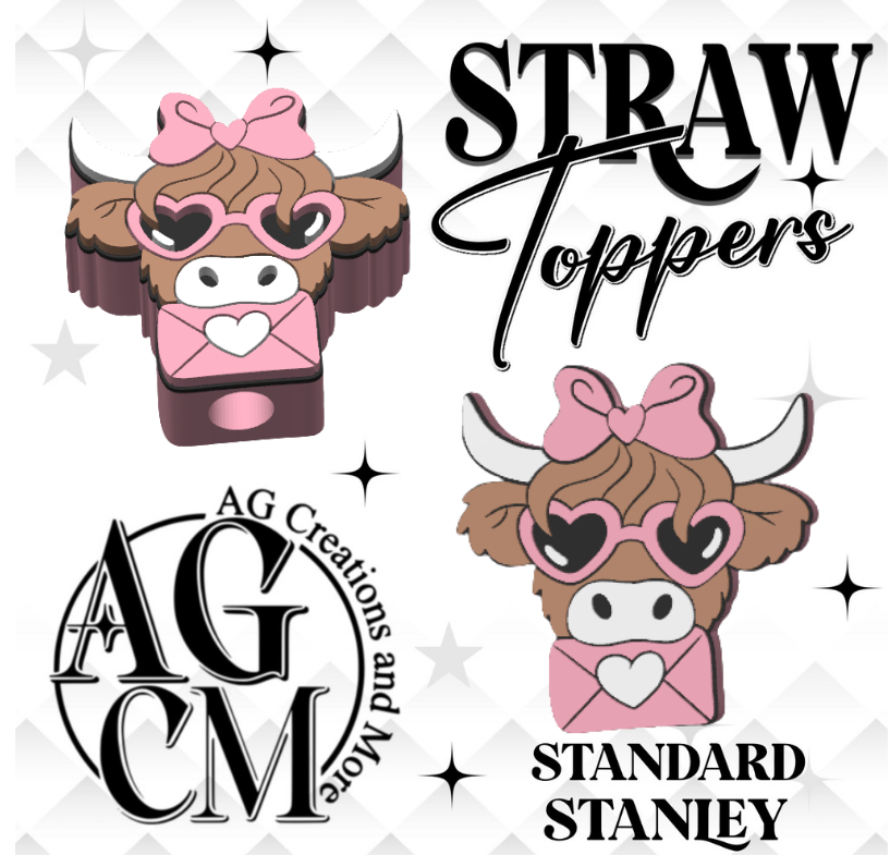 Envelope Highland Cow Hearts 3D Straw Topper