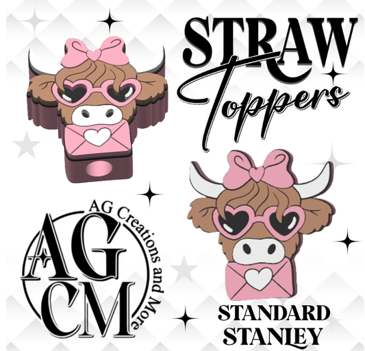 Envelope Highland Cow Hearts 3D Straw Topper
