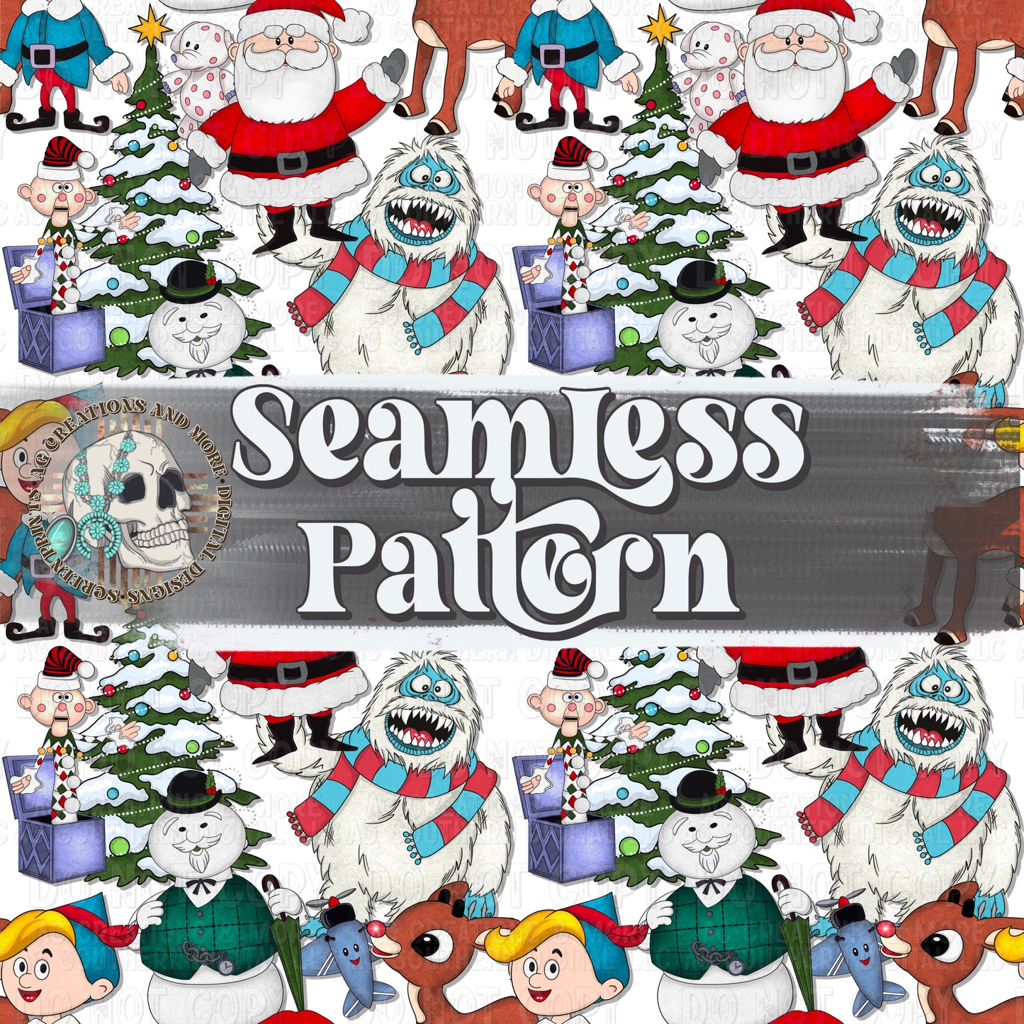 White Rudolph and friends Seamless Pattern