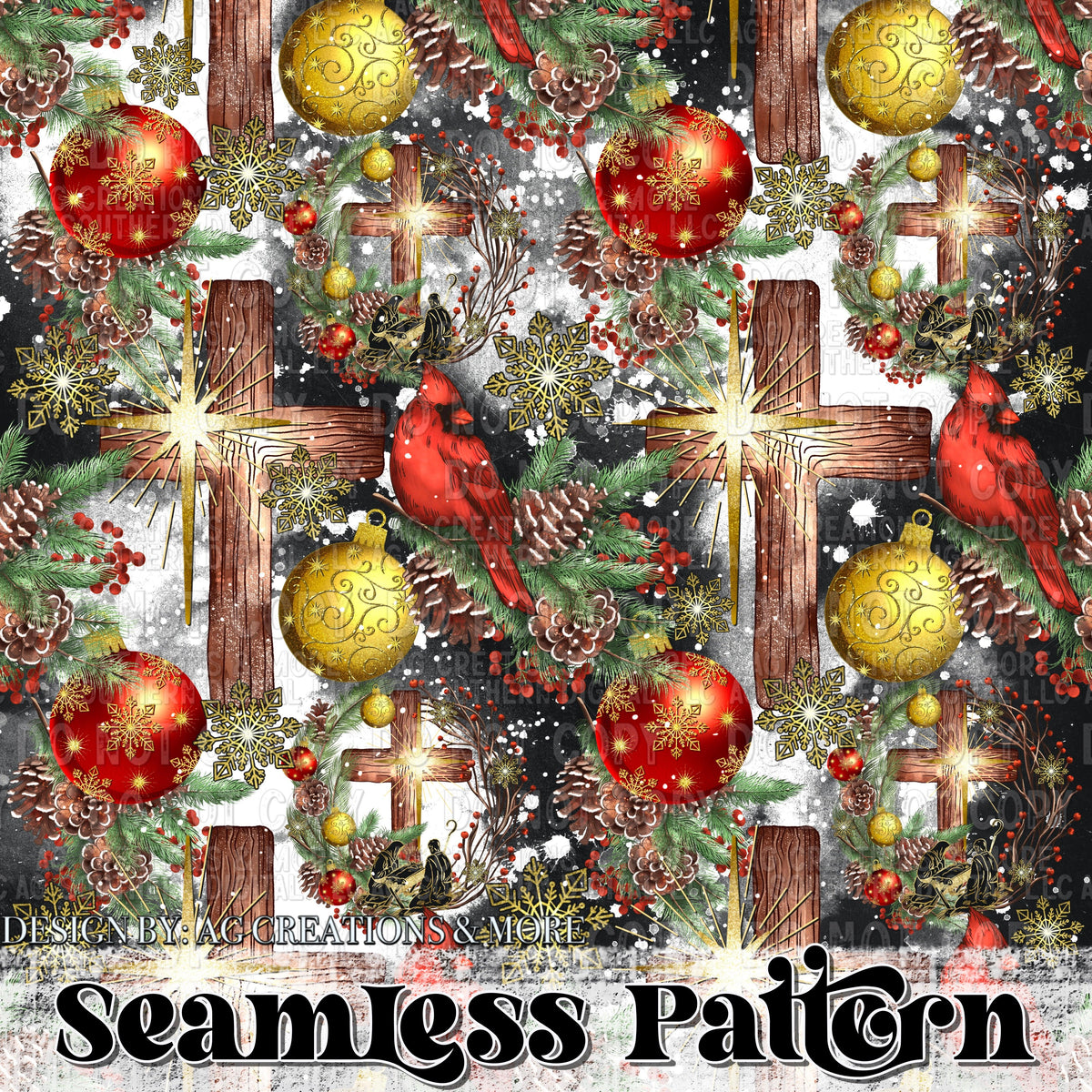 Red Cardinal Black Christmas Seamless Pattern