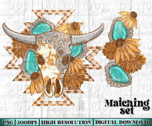 Boho Skull turquoise Design Pocket Set Digital Download PNG