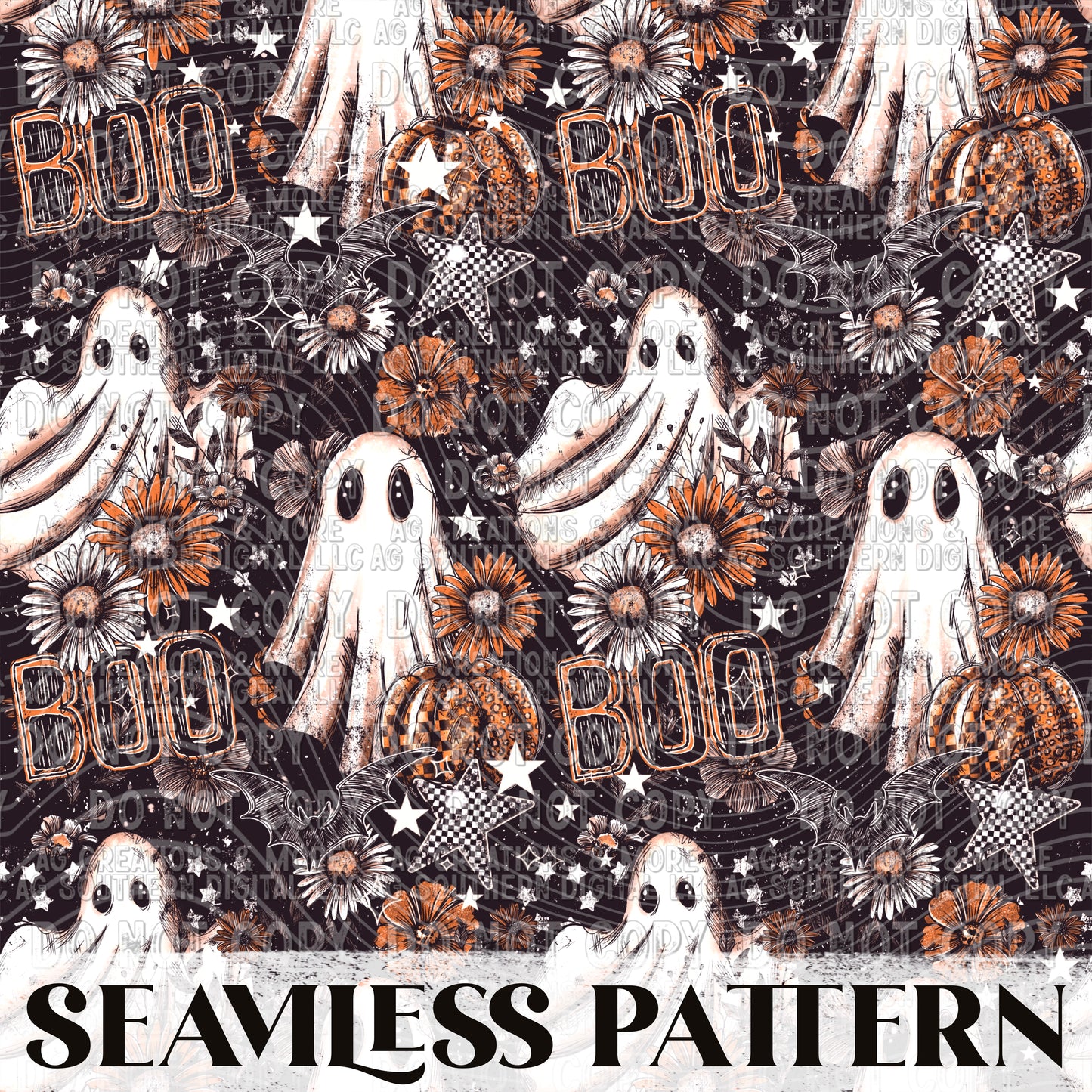 Boo Floral Black Seamless Pattern PNG