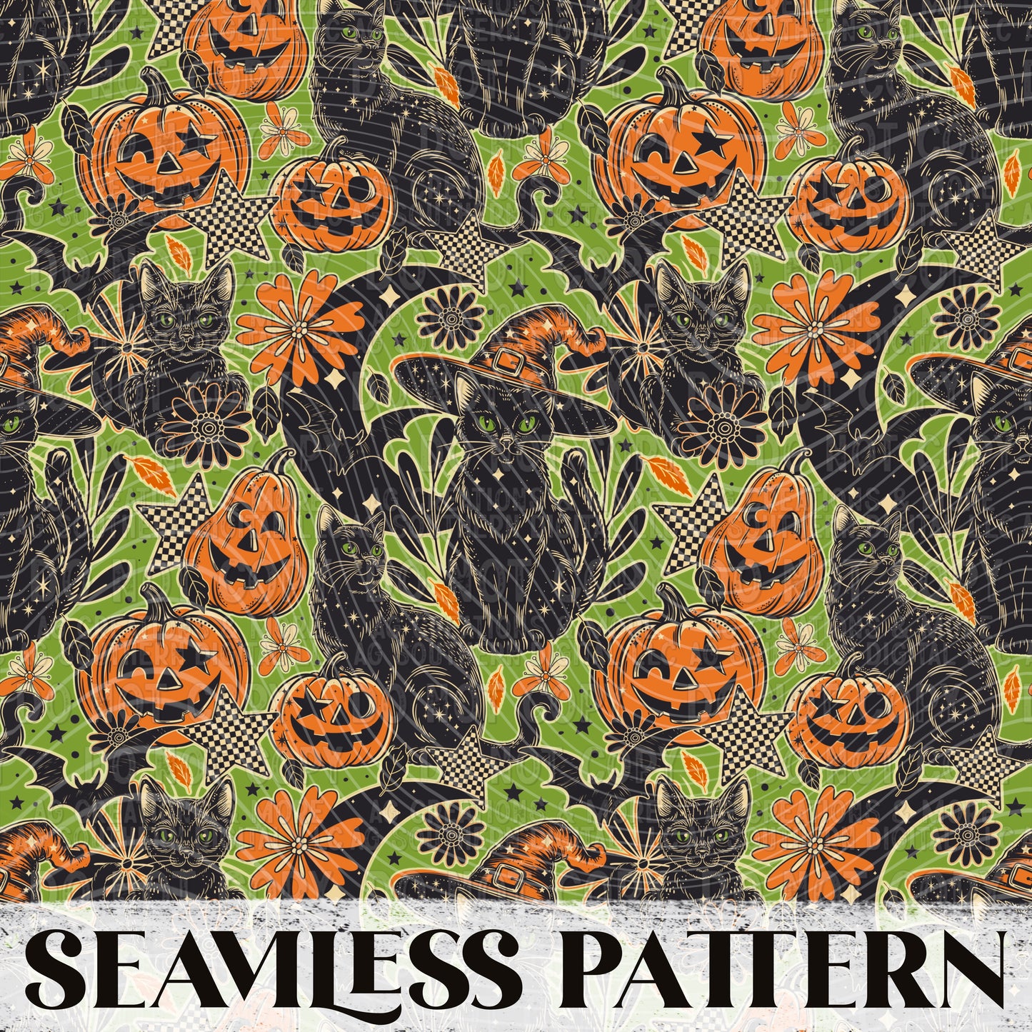 Black Cat Olive Seamless Pattern PNG