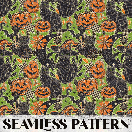 Black Cat Olive Seamless Pattern PNG