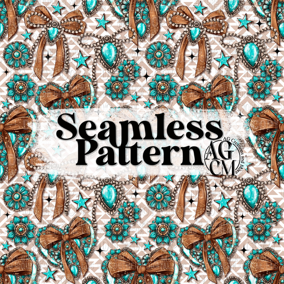 Turquoise Concho Heart Seamless Pattern PNG