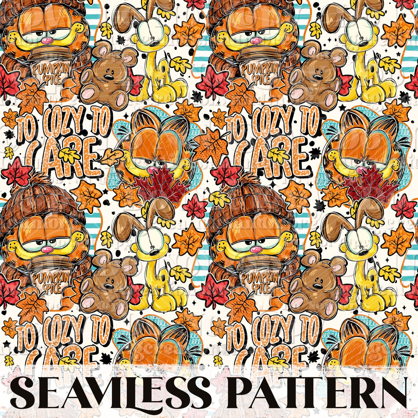Fall Orange Cat Seamless Pattern PNG