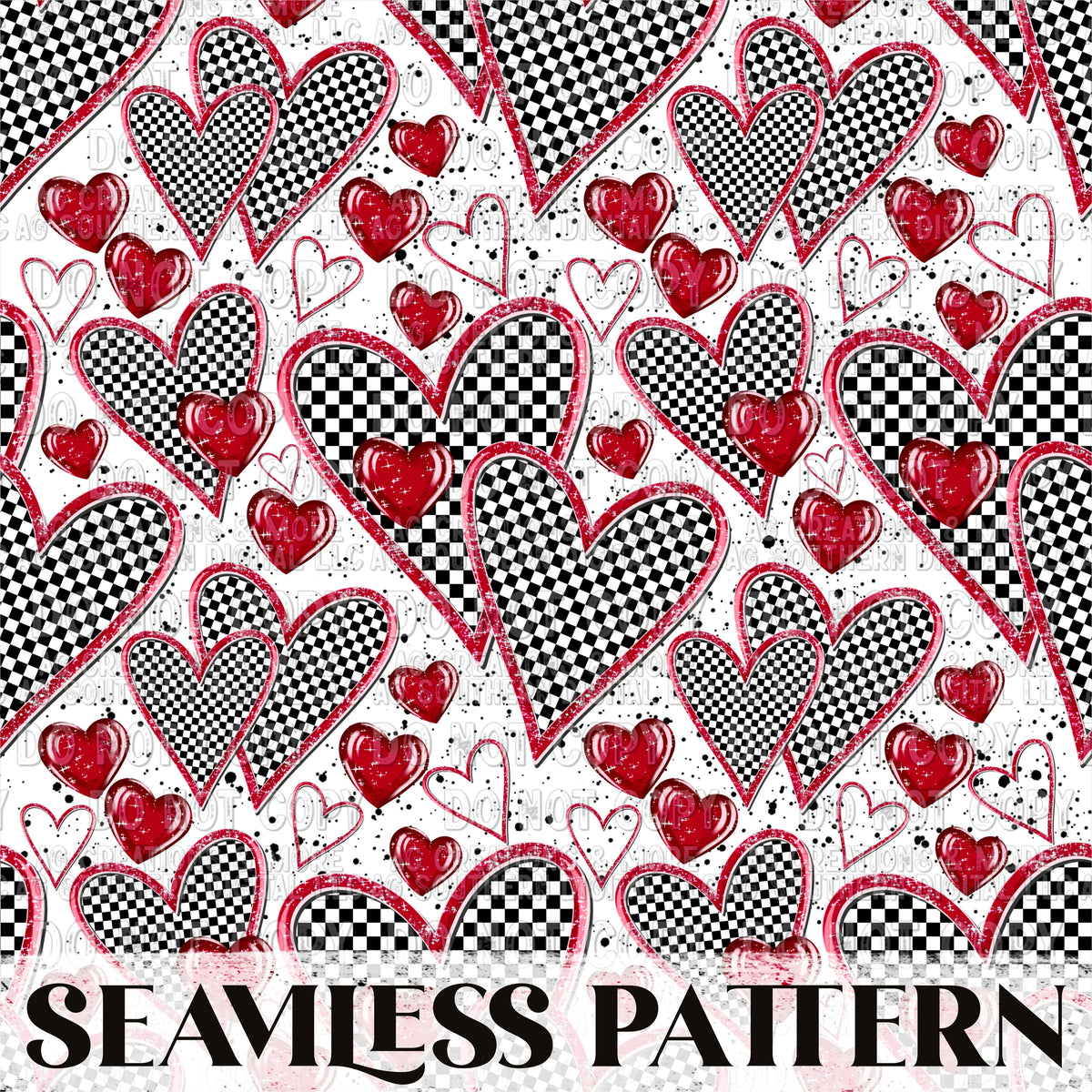 Checkered Hearts White Seamless Pattern PNG