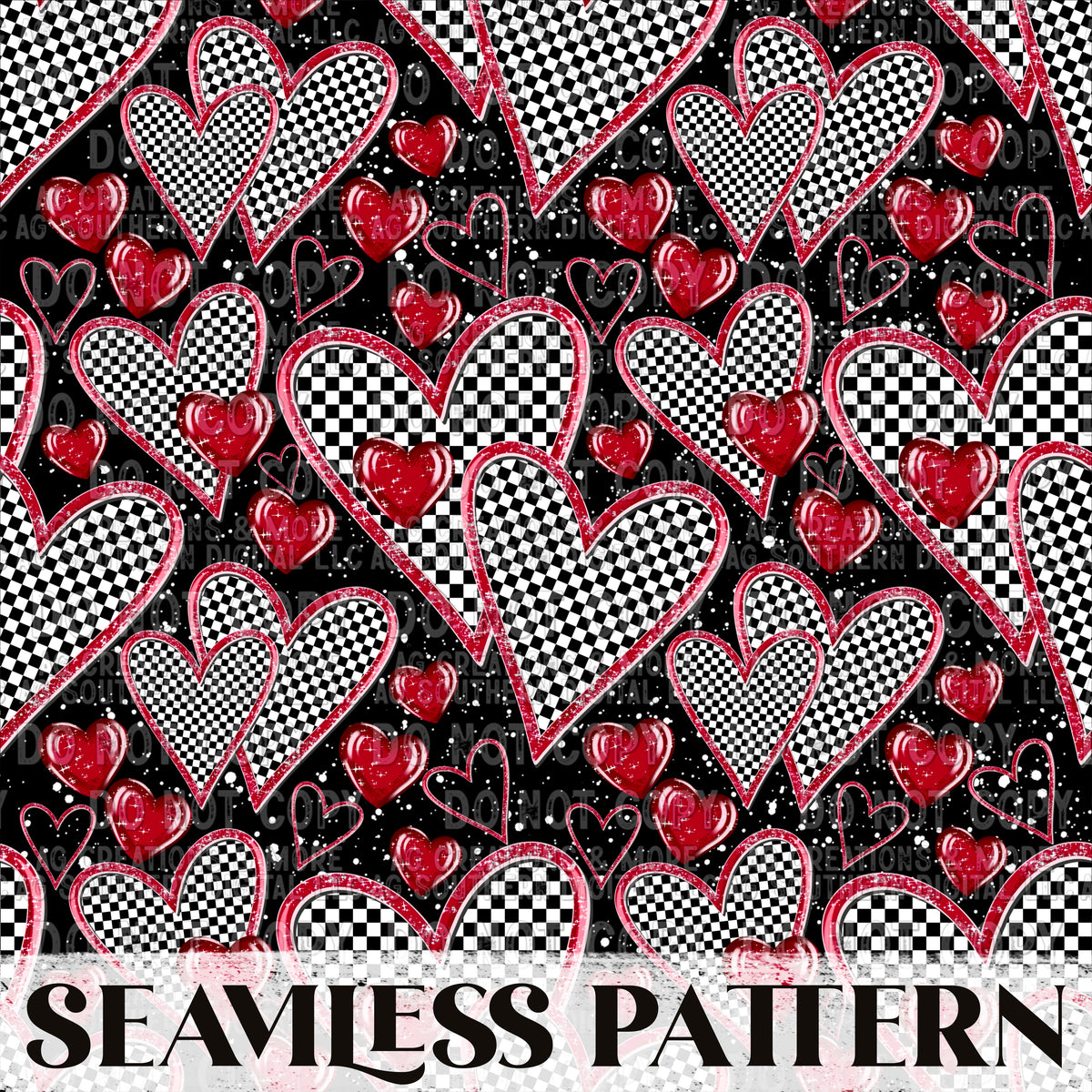 Checkered Hearts Black Seamless Pattern PNG