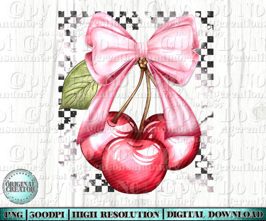 Cherry and pink bow checkered BG Digital Download