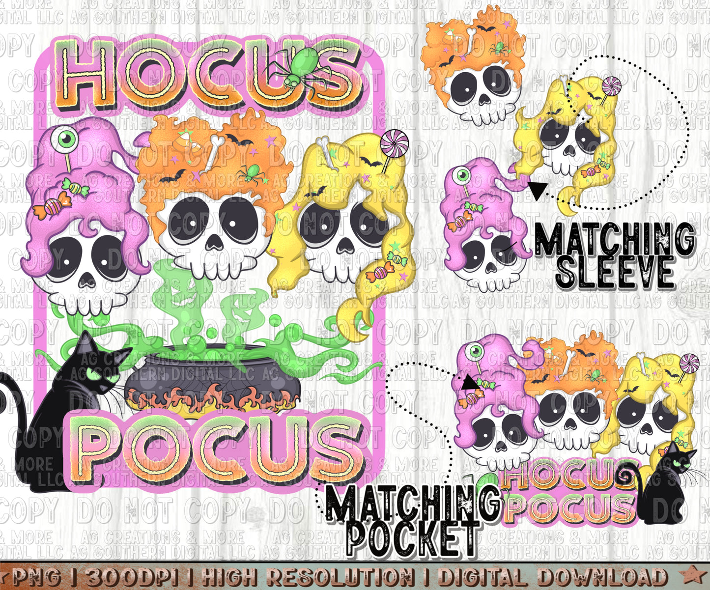 Funny Cute Skull Witches' Pocket, Sleeve Set Digital Download PNG