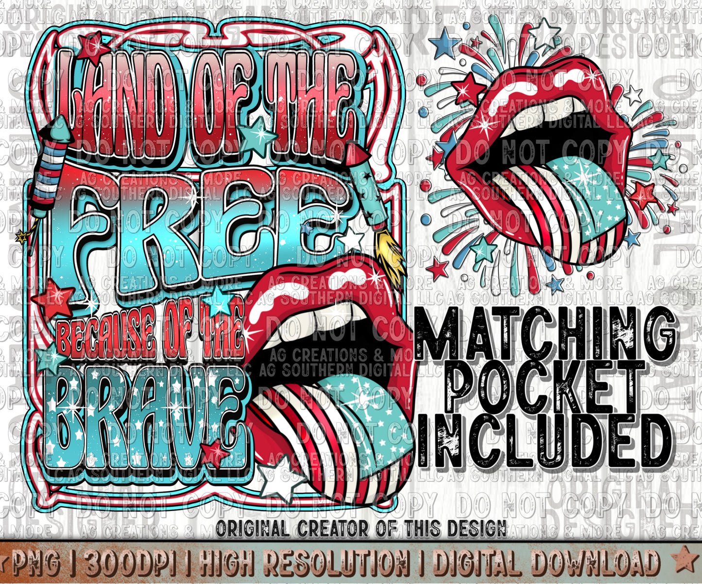 Retro Land of the Free mouth Pocket Set Digital Download PNG