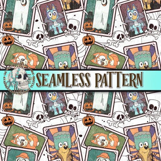 Halloween Bluey WHITE Seamless Pattern