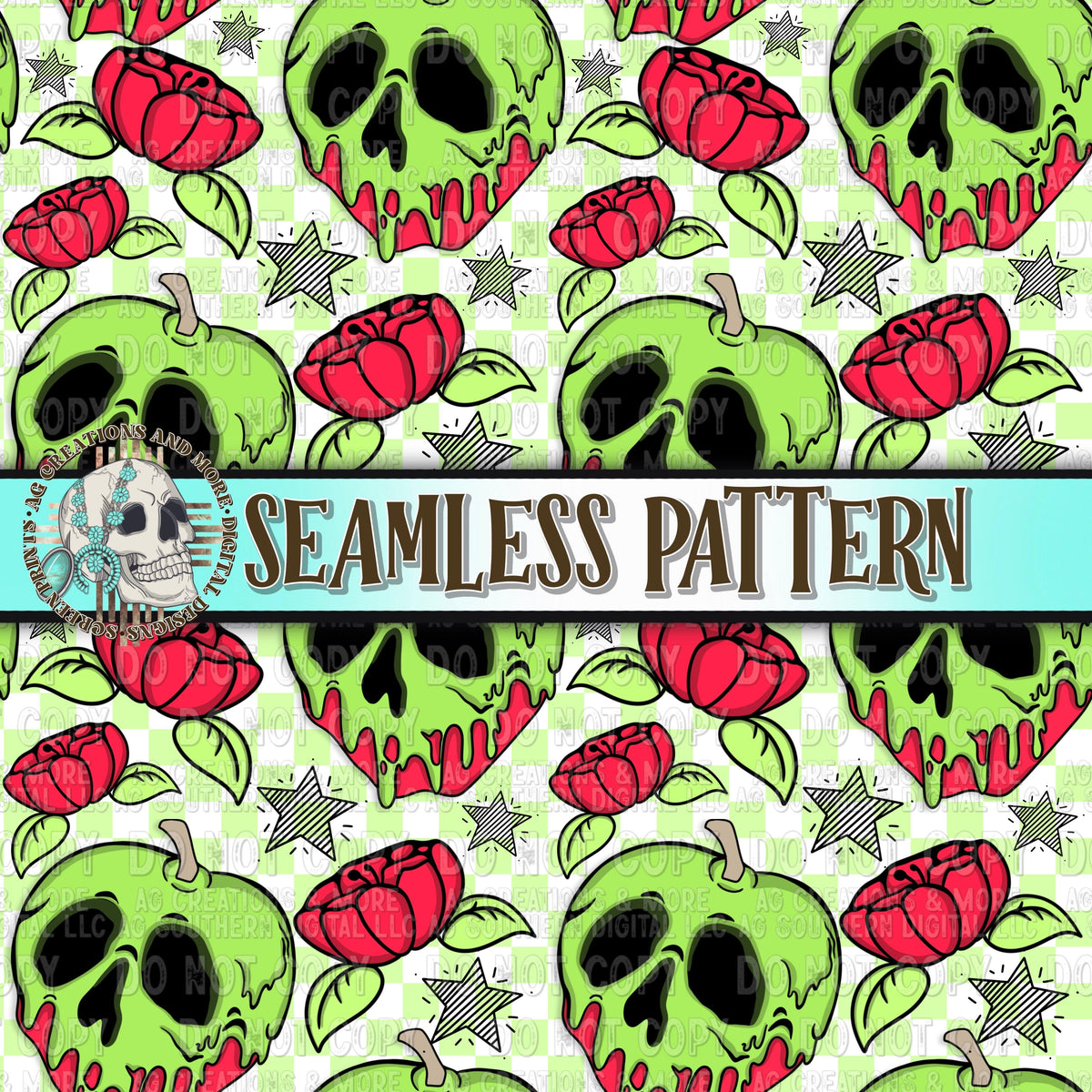 Green Checker Villian Apple Seamless Pattern