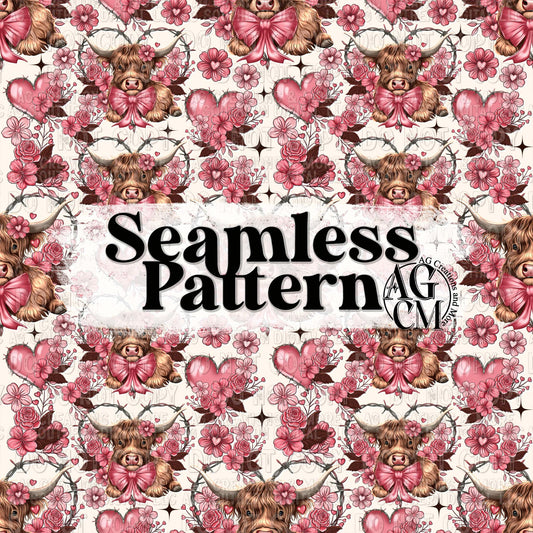 Highland Cow Seamless Pattern PNG