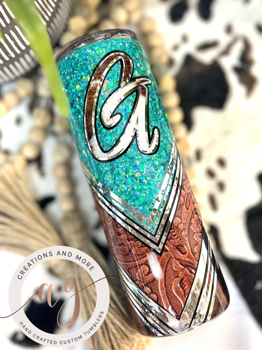 V-Split Teal Tooled leather Tumbler