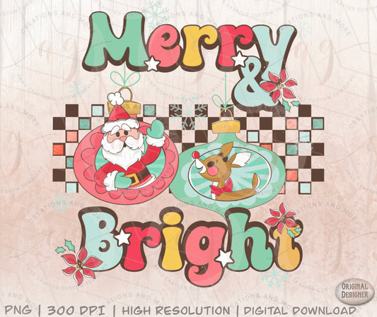 Christmas Retro PNG Merry and Bright Png | Sublimation Png | Retro Santa Png