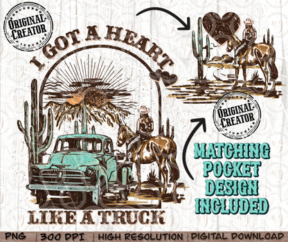 Heart Like A Truck Png, Western Sunset Cowgirl, Pocket Set PNG
