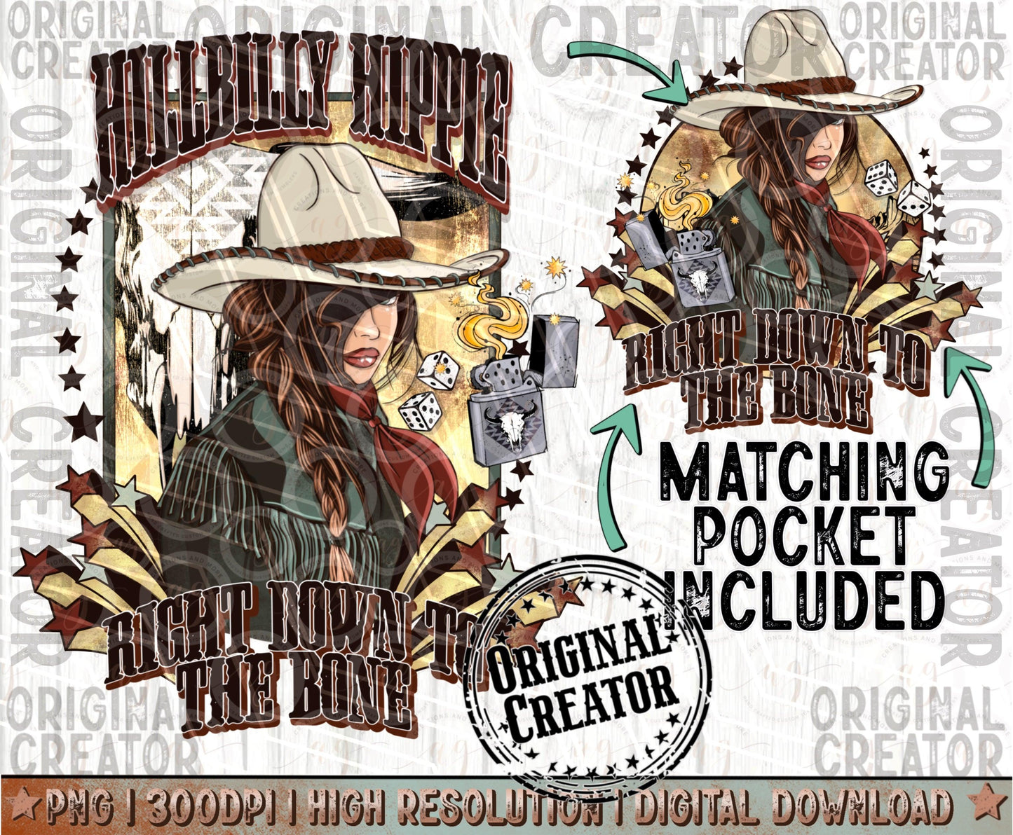 Western Cowgirl Png, Hillbilly Hippie Cowgirl Pocket Set Png