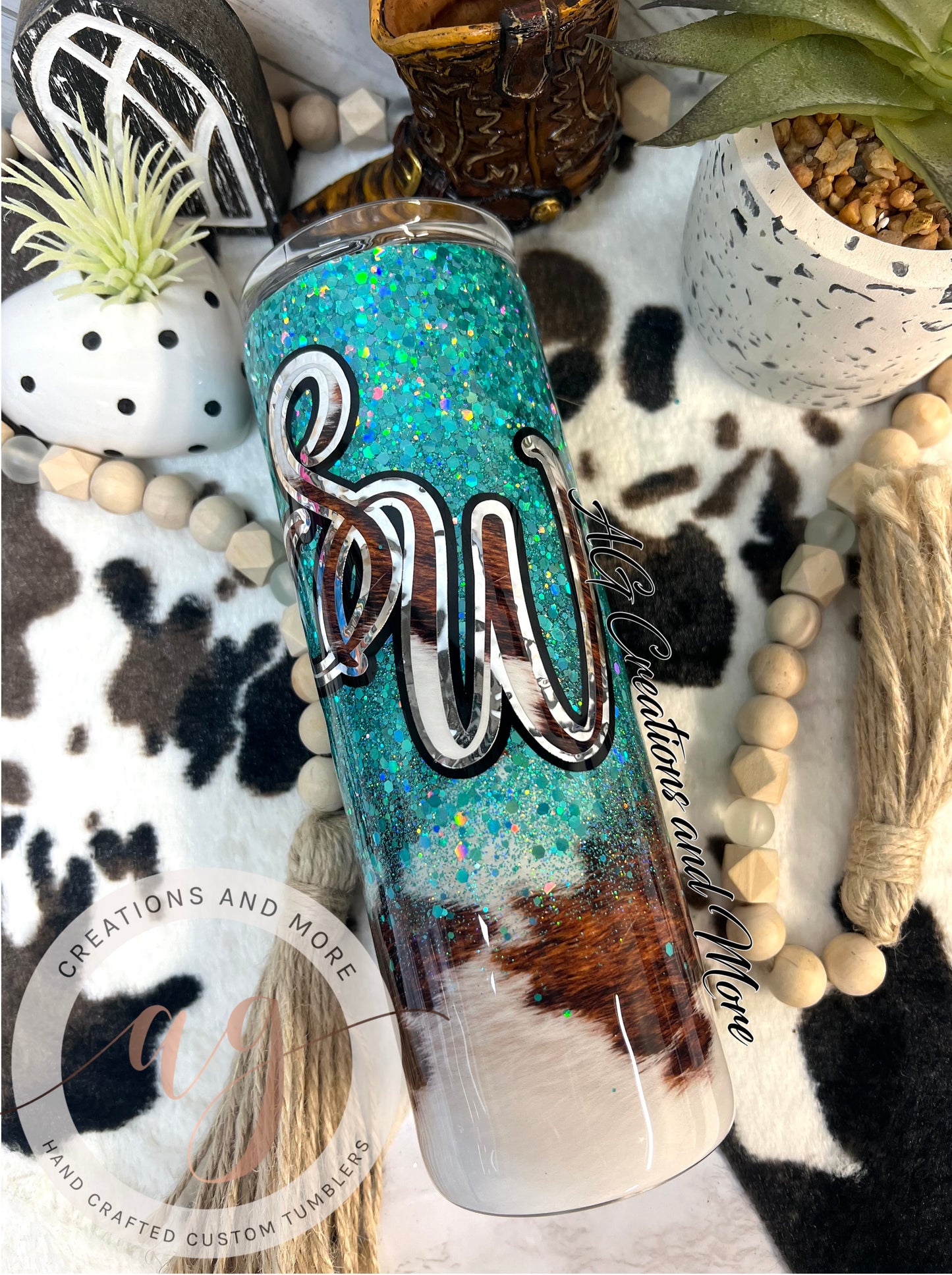20oz Handle Epoxy Tumbler / Western / Turquoise, Copper, Cow print and  leather tooling