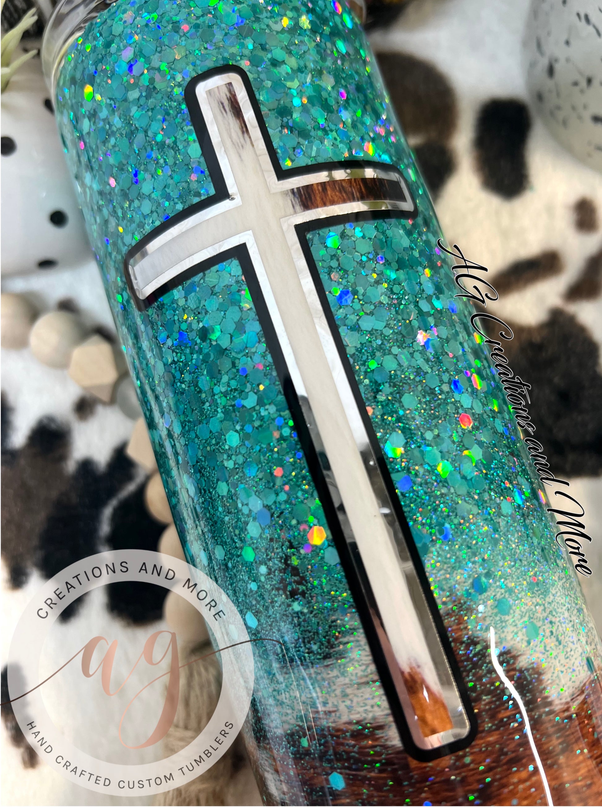 Teal & Tri-Color Cowprint Glitter Tumbler / Personalized Tumbler
